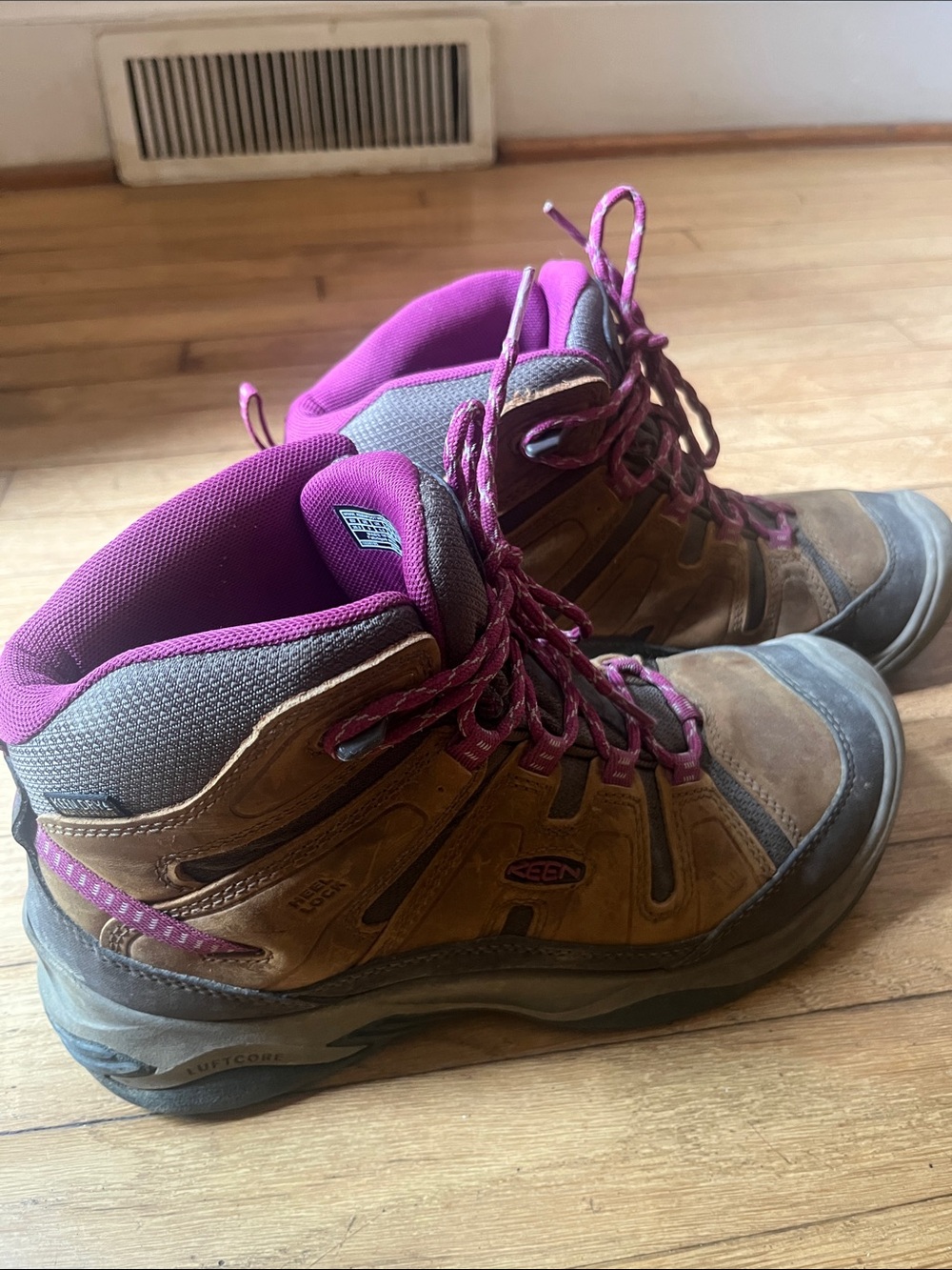 KEEN Brown Leather Lace-Up Boots with Pink Trim